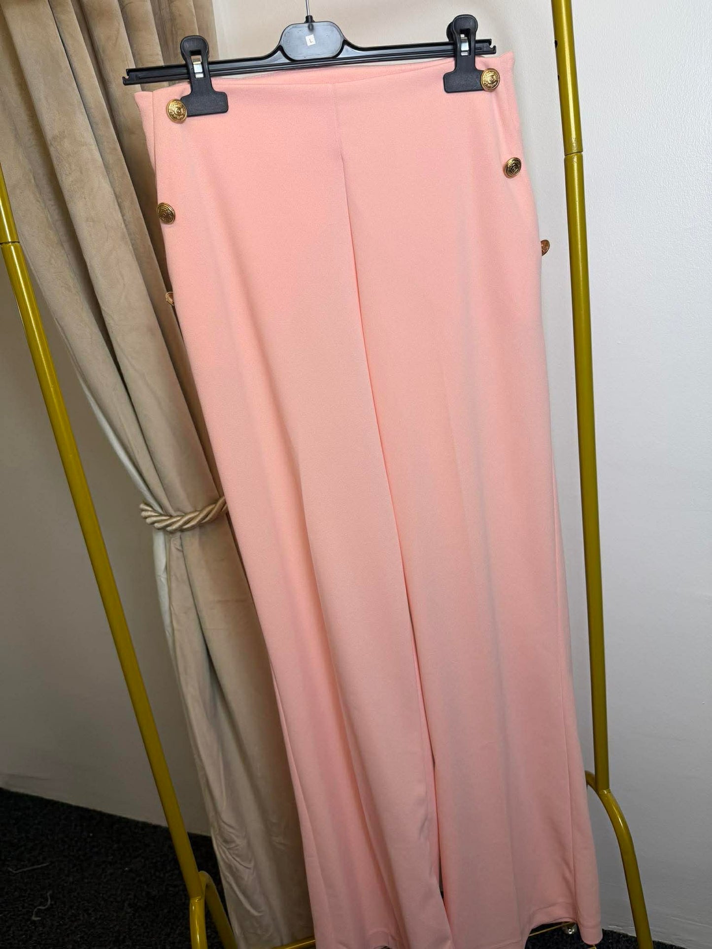 Pink trouser, gold buttons